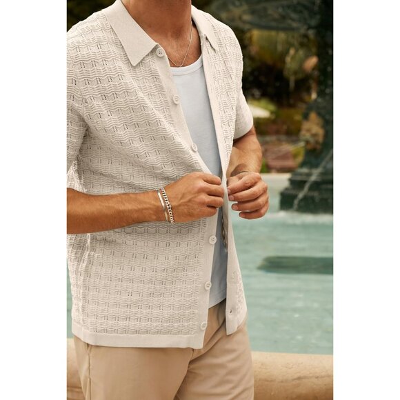 💫 Men Cream Casual Summer Beach Shirts Short Sleeve Button Down Fashion Shirt - Picture 4 of 5